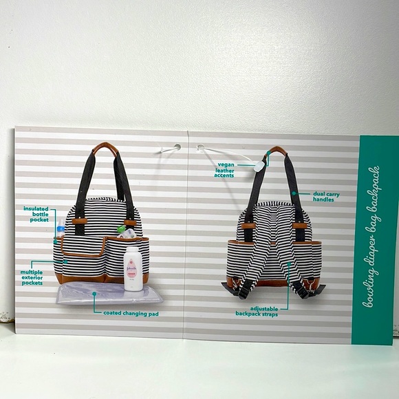 iPack Backpack Diaper Bag Black and White Striped with Leather Accents Med. Size - Picture 15 of 15